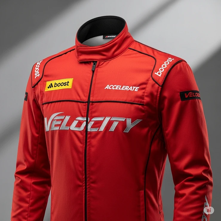 A bright red modern textile racing jacket with sleek lines and bold sponsor logos, demonstrating a contemporary design tailored for comfort and performance.