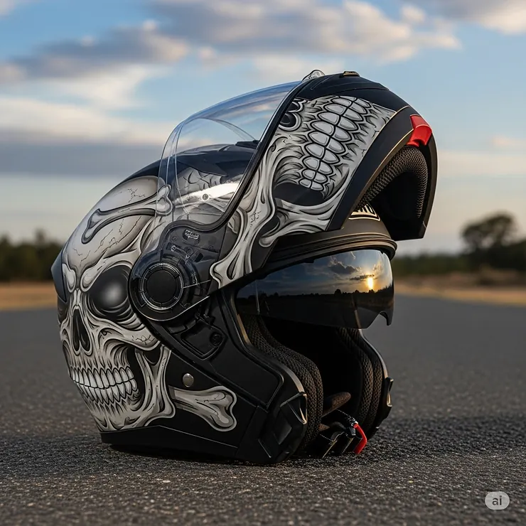 A modular helmet with a skull design, illustrating the convenience and style of this versatile helmet type.