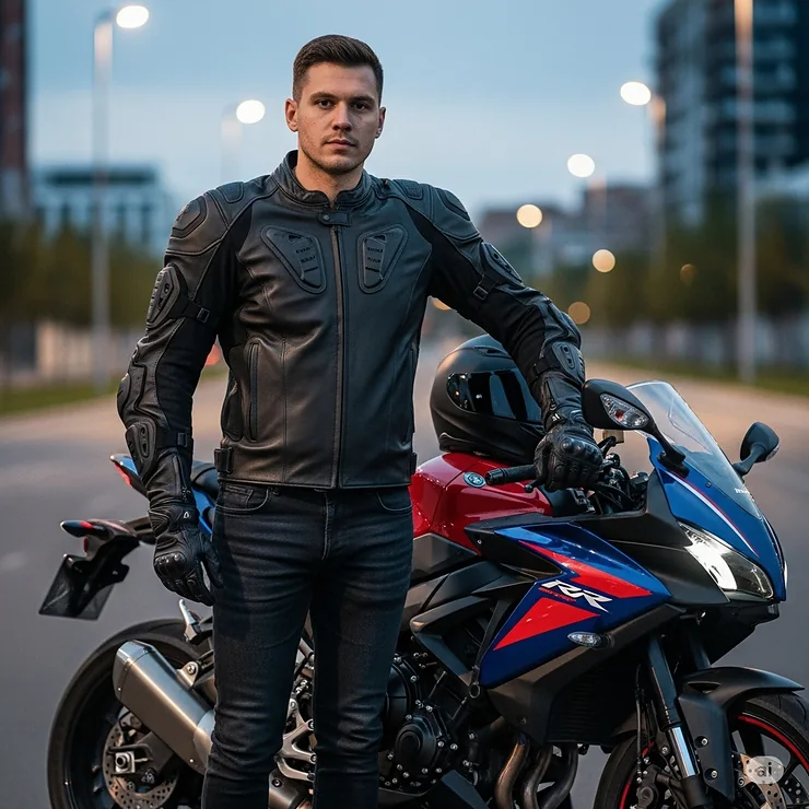A full-length shot of a rider wearing a protective black motorcycle armoured leather jacket with CE-rated armour on the back, shoulders, and elbows, standing next to a sportbike.