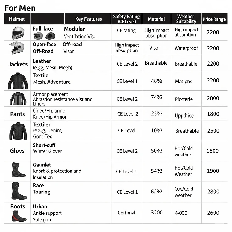 A comparison chart of different types of motorcycle gear for men, showing features and safety ratings.