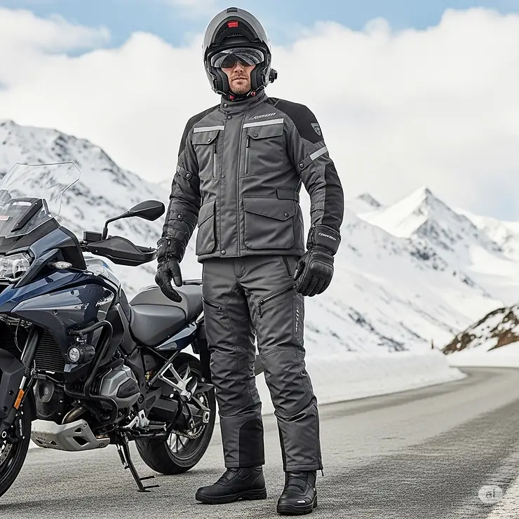 A man wearing insulated, waterproof motorcycle gear for men, suitable for winter riding.