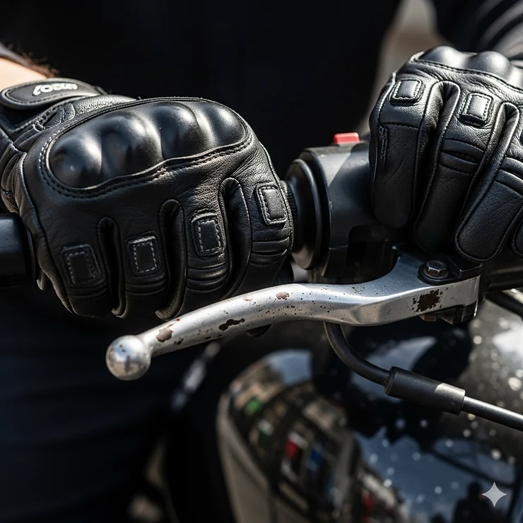 A close-up of a man's hands wearing black leather motorcycle gloves, gripping the handlebars of a parked motorcycle.