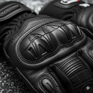 A detailed view of the reinforced hard plastic knuckle protection on a pair of black winter motorcycle gloves, designed to absorb impact and prevent injury.