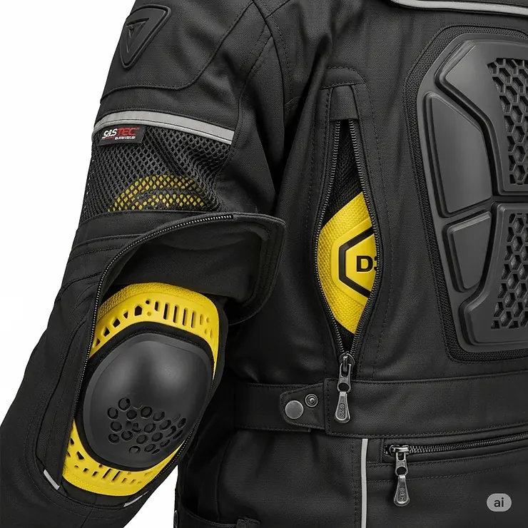 Close-up view of a street legal motorcycle jacket showing CE-rated armor in the elbow, shoulder, and back pockets.