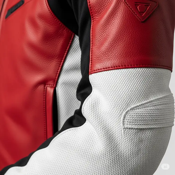 A detailed close-up showing the premium leather and abrasion-resistant textile materials of the red and white motorcycle jacket.