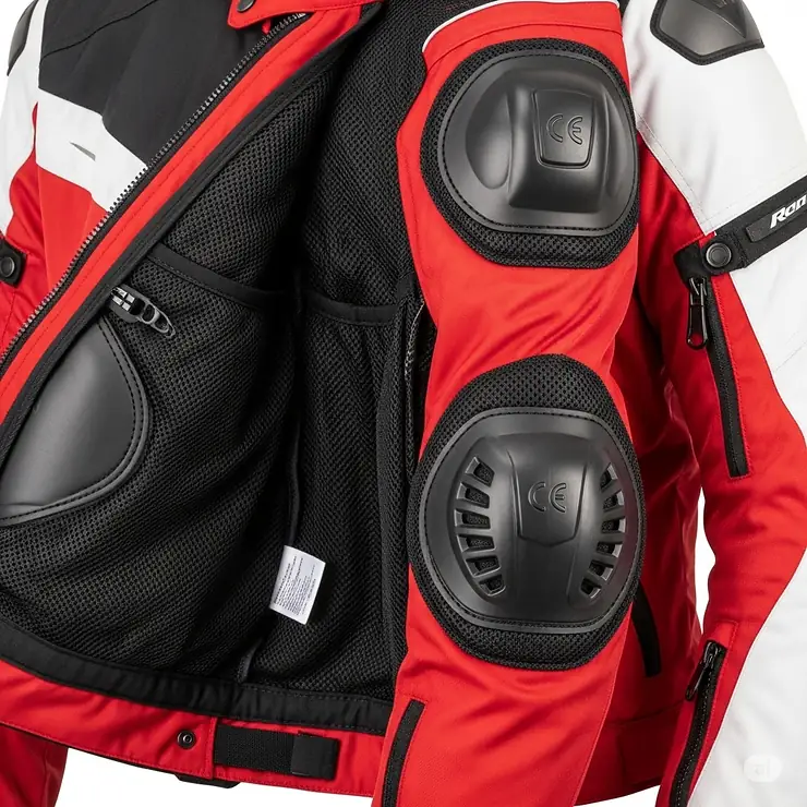 An image illustrating the CE-certified protective armor located in the elbows and shoulders of the red and white motorcycle jacket.