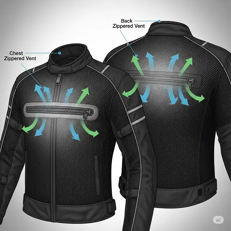 An illustration pointing out the zippered vents on the chest and back of a mesh street legal motorcycle jacket for maximum airflow.