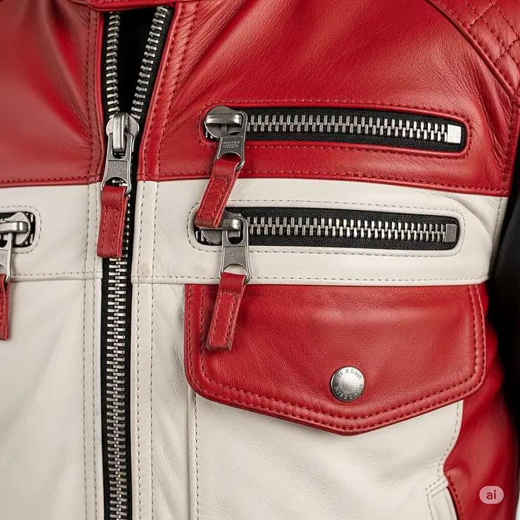 A close-up of the durable zippers and functional pockets on a red and white motorcycle jacket.