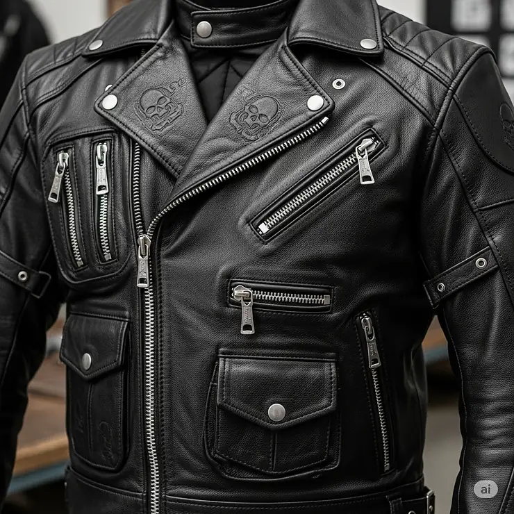 A view of the heavy-duty zippers and multiple pockets on a new skull leather jacket for riders.