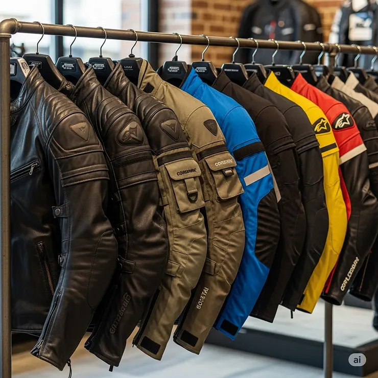 A diverse collection of motorcycle jackets, including leather and textile styles, hanging on a rack. types of motorcycle jackets