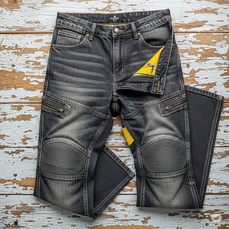 A pair of men's motorcycle pants with Kevlar reinforcement for protection and durability.