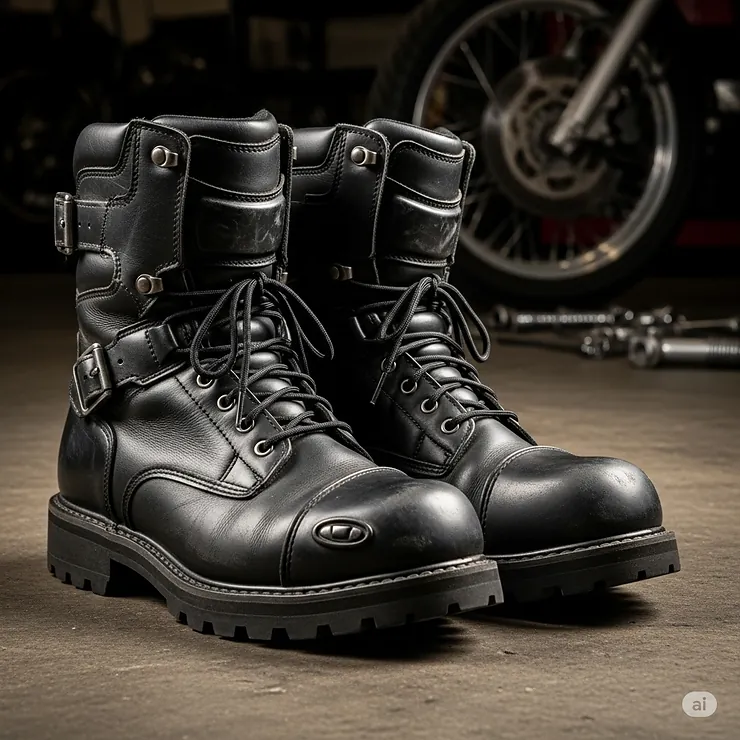 A pair of sturdy, men's motorcycle riding boots with ankle support and reinforced toes.