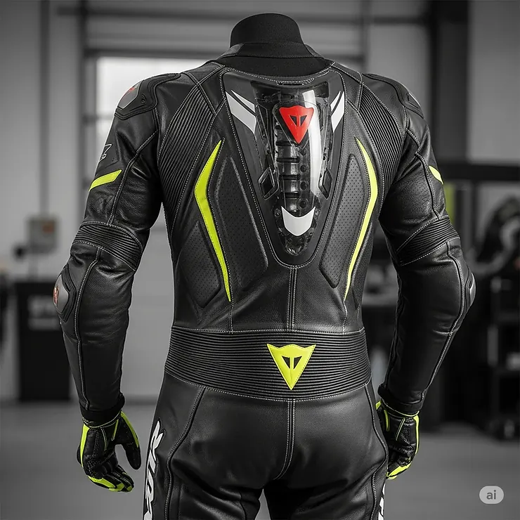 Rear view of a full motorcycle suit highlighting the back hump and integrated spine protector for rider safety.
