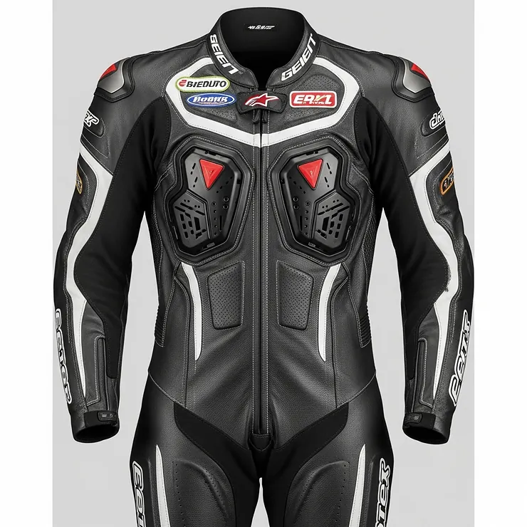 Detailed front view of a full motorcycle suit, showing its aerodynamic shape and chest armor.