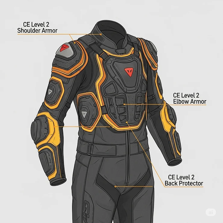 An illustration of the armored sections within a full motorcycle suit, including CE-rated armor on the shoulders, elbows, and back.