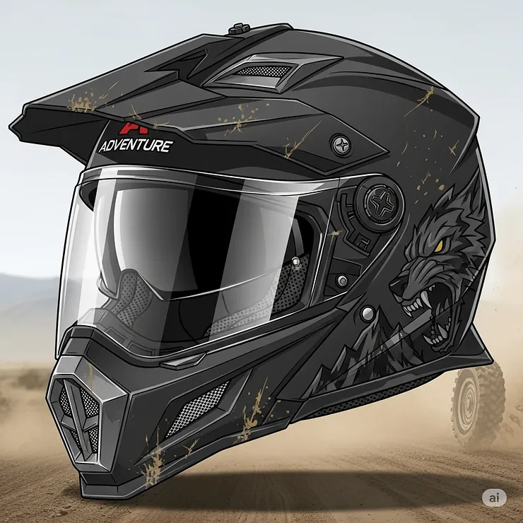 Illustration of a rugged off-road or dual-sport motorcycle helmet with a large visor and extended chin bar, designed for adventurous riders seeking a badass, protective lid.