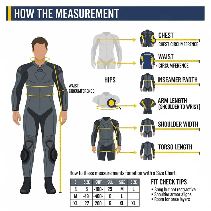An infographic illustrating how to properly measure and find the correct fit for a one-piece motorcycle racing suit.
