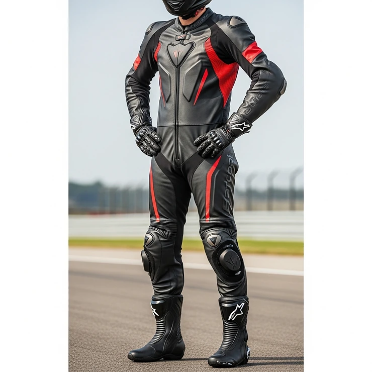A full-body shot of a rider in a premium black and red one-piece motorcycle suit, showing key features like aerodynamic hump and protective armor.