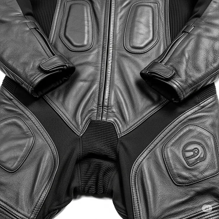 A texture shot of the durable leather and flexible stretch panels used in the construction of a one-piece motorcycle suit.