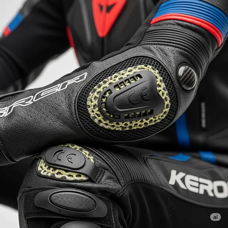 Detail of the CE-certified protective armor at the elbows and knees of a high-quality one-piece motorcycle suit.