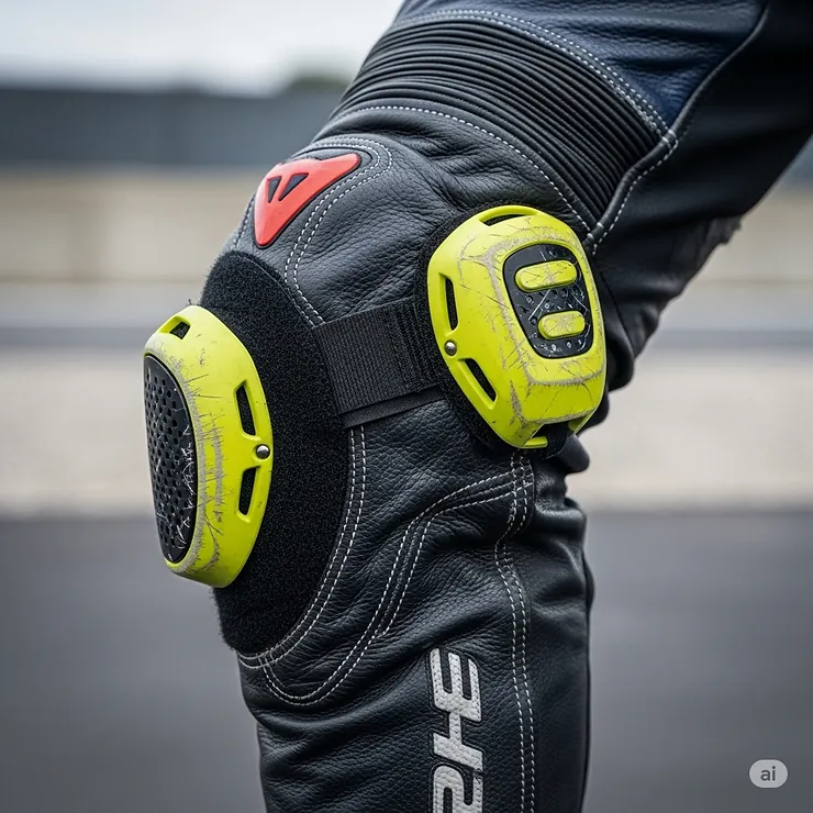 A close-up of the replaceable knee slider pads on a professional one-piece motorcycle suit used for track riding.