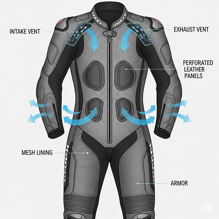 A diagram showing the ventilation system and perforated leather panels on a modern one-piece motorcycle suit for air circulation.