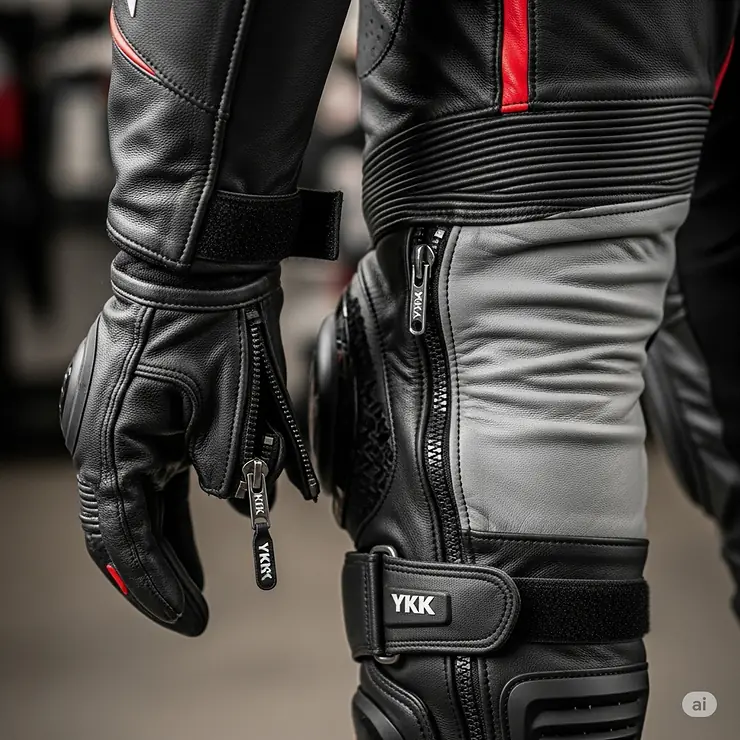 Image showing the high-quality YKK zippers and adjustable cuffs at the wrists and ankles of a one-piece motorcycle suit.