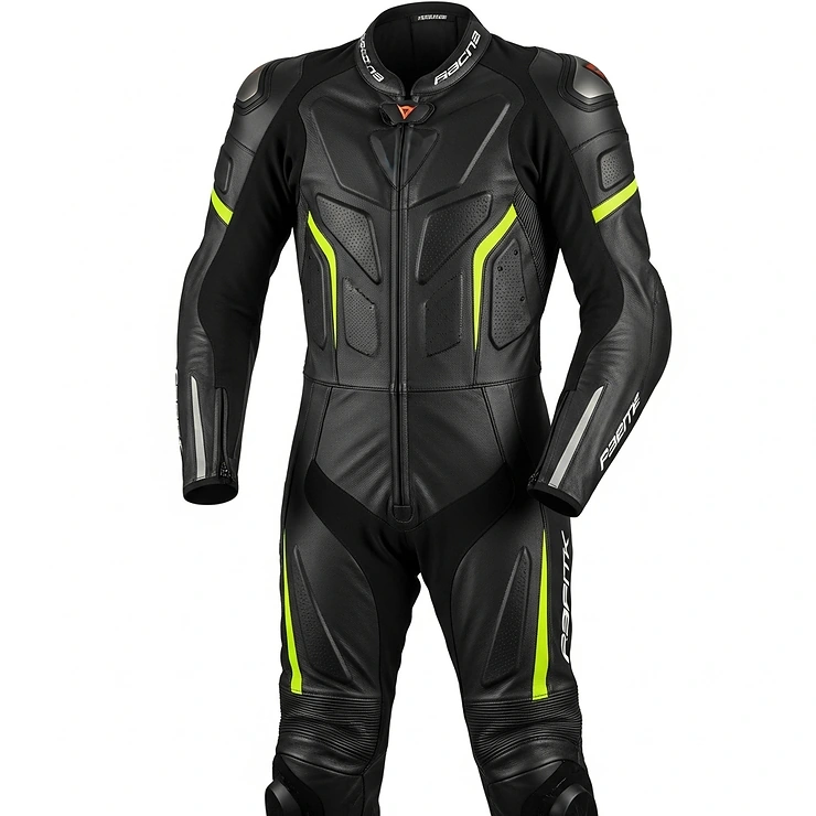 A one-piece motorcycle suit designed for maximum safety, offering seamless protection from head to toe.