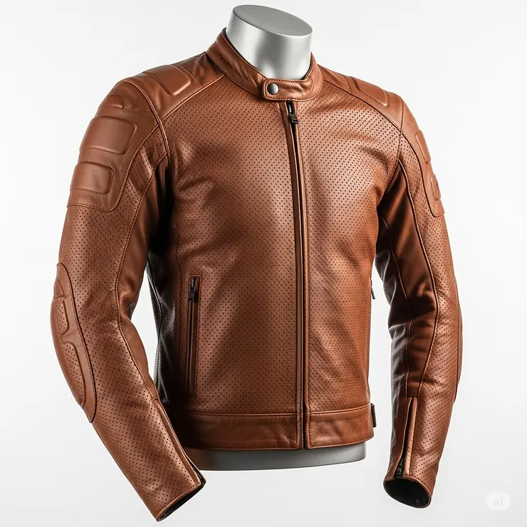 A professional photo of a perforated brown motorcycle jacket, highlighting the breathable material for warmer weather.