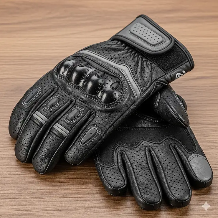 A pair of perforated leather motorcycle gloves for men, showing the tiny holes for airflow.