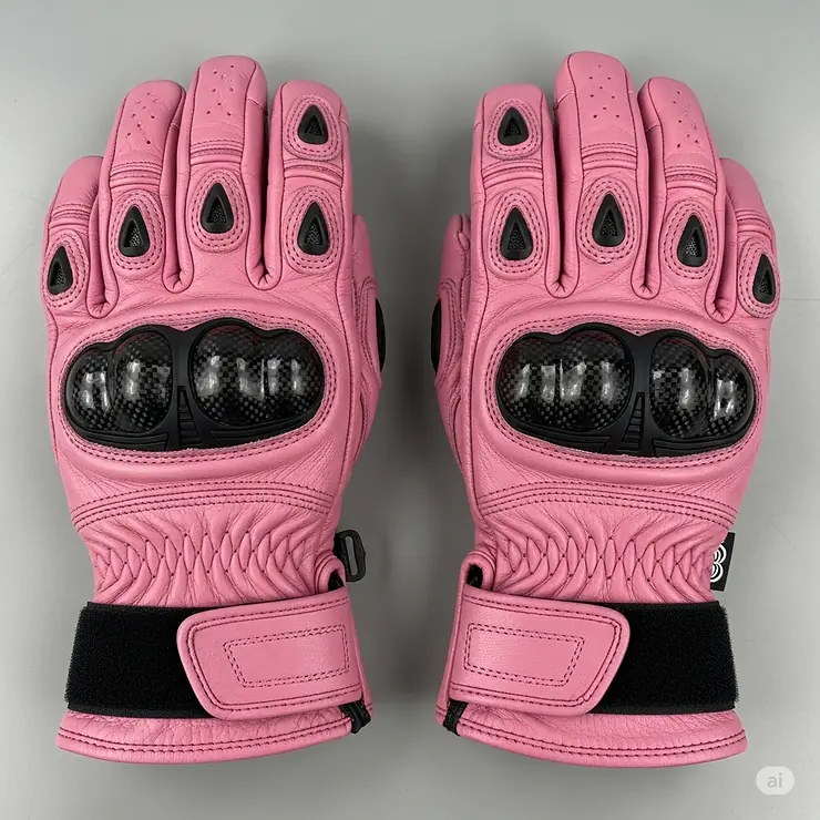 Pair of pink leather motorcycle gloves with reinforced knuckles and a secure wrist strap for a comfortable and protective grip.