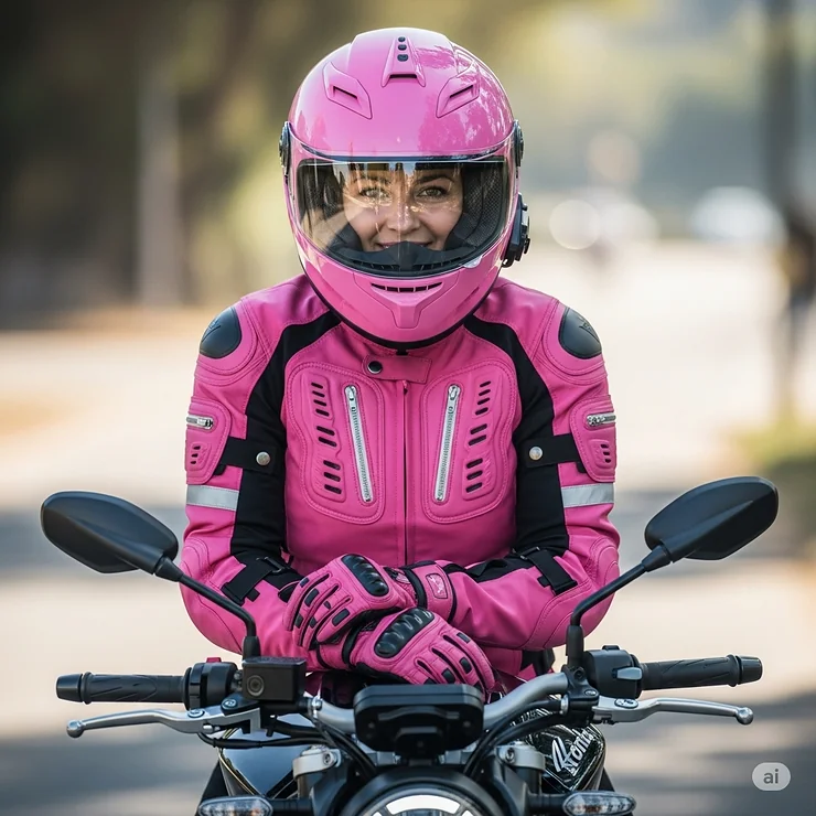 A woman in stylish, protective pink motorcycle gear smiles while sitting on her bike, showcasing a complete outfit of a pink helmet, jacket, and gloves.