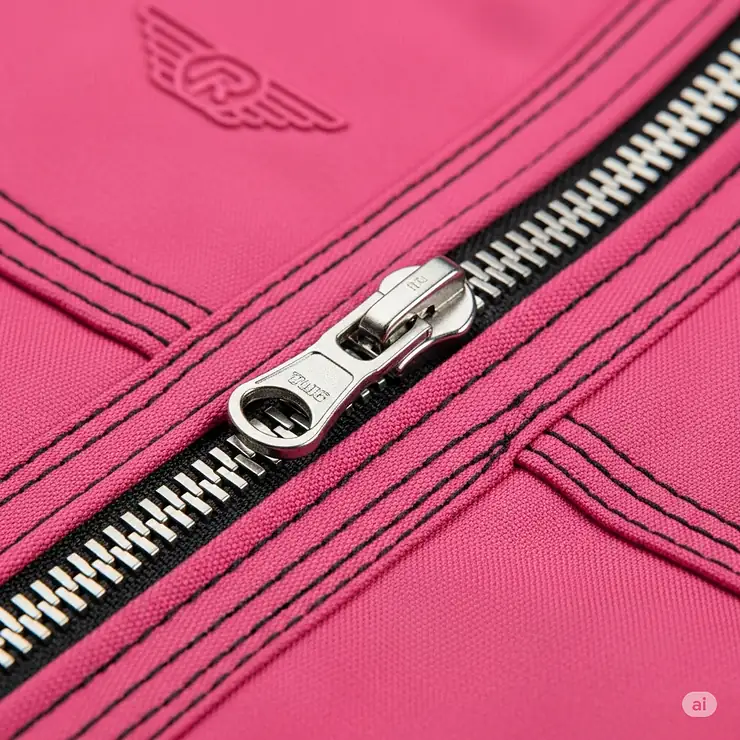 A close-up of the zipper and stitching on a pink motorcycle gear jacket, highlighting the quality and craftsmanship.