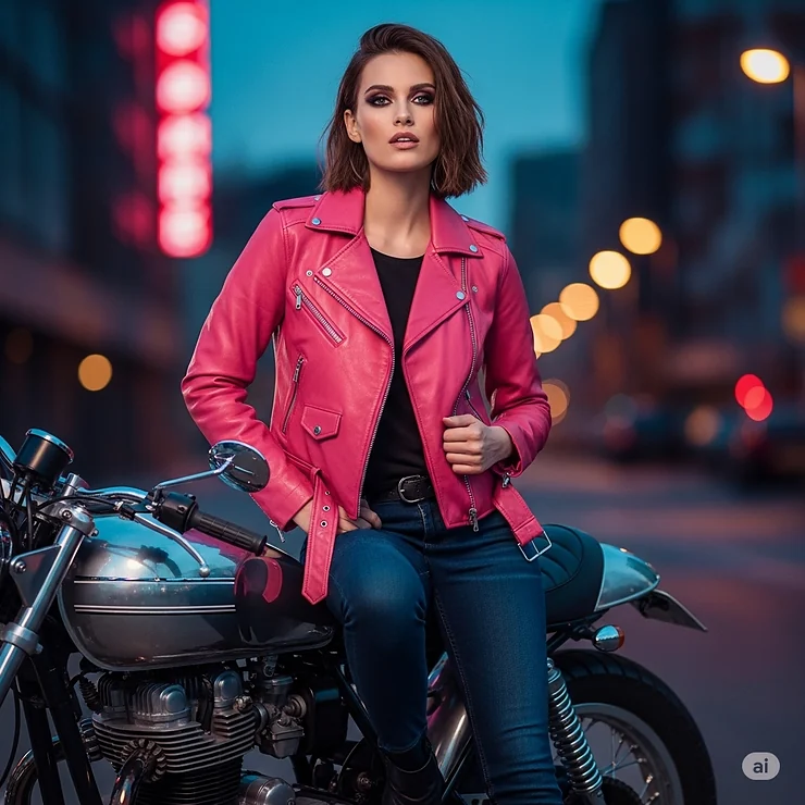 A stylish woman confidently posing while wearing a vibrant pink leather motorcycle jacket. The jacket has silver zippers and a fitted silhouette, complementing her black jeans.