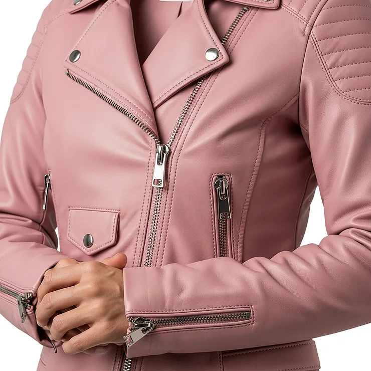 A detailed shot of a women's pink motorcycle jacket, emphasizing the feminine cut and soft leather texture.