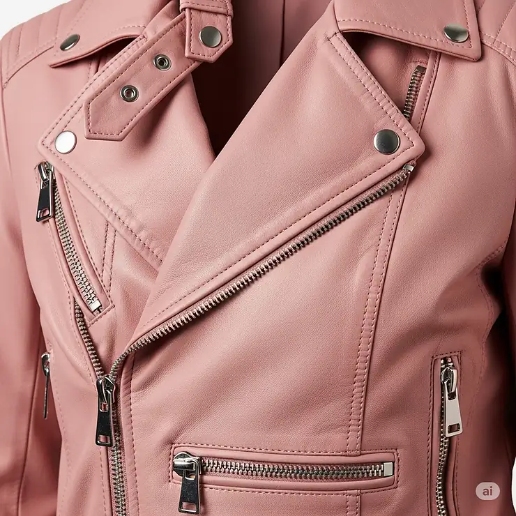 Close-up of the front of a pink motorcycle jacket, highlighting the asymmetrical zipper closure and lapel collar details.