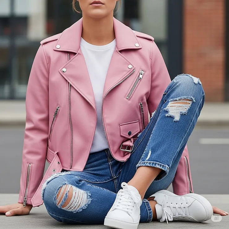 A casual outfit featuring a classic pink motorcycle jacket paired with distressed blue jeans and white sneakers.