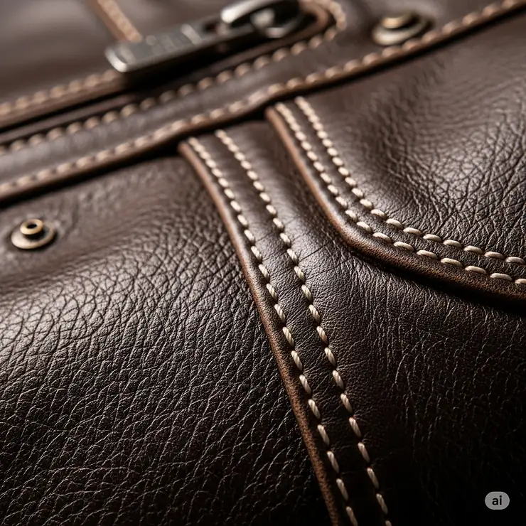 Macro shot of the premium cowhide leather and double-stitched seams on a rugged motorcycle armoured leather jacket, emphasizing durability.