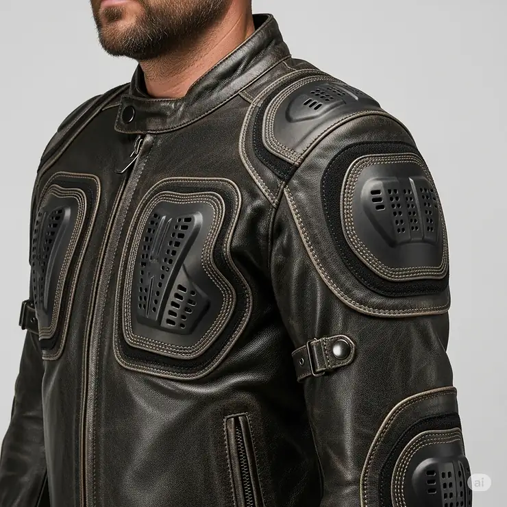 An armored, leather motorcycle jacket designed for men, emphasizing its protective features.