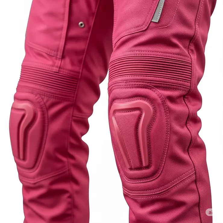 Protective pink motorcycle pants with built-in knee pads and durable abrasion-resistant fabric.