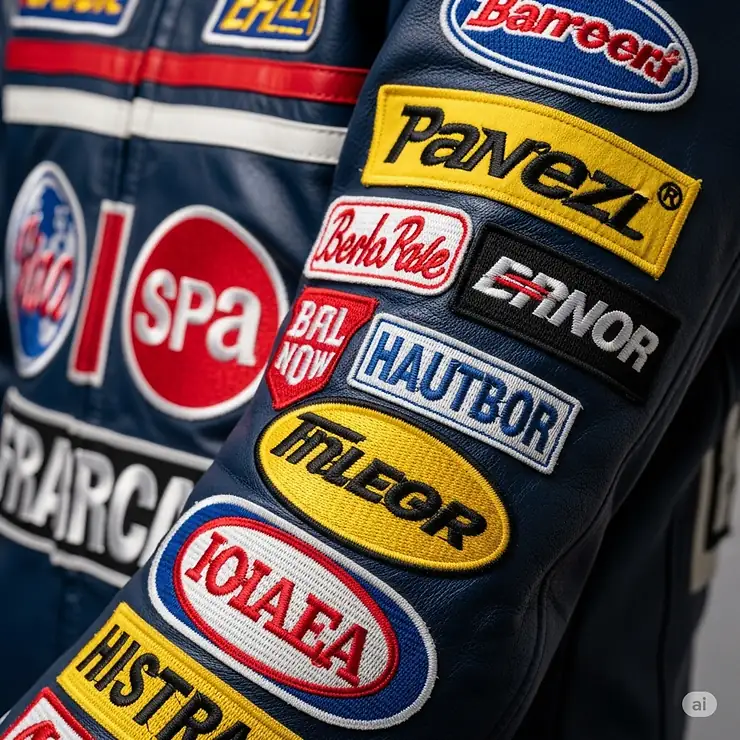 A close-up view of the various embroidered patches and brand logos on a racing jacket sleeve, emphasizing the authentic branding and sponsorships.