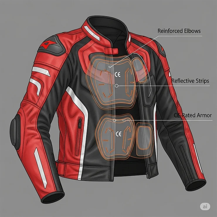 A detailed illustration highlighting the key safety features of a professional racing jacket, including reinforced elbows, reflective strips, and CE-rated armor for protection.