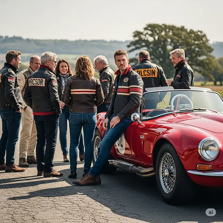 A featured image showcasing a group of people wearing vintage leather racing jackets, with one person casually leaning against a classic sports car, conveying the lifestyle and aesthetic of the apparel.