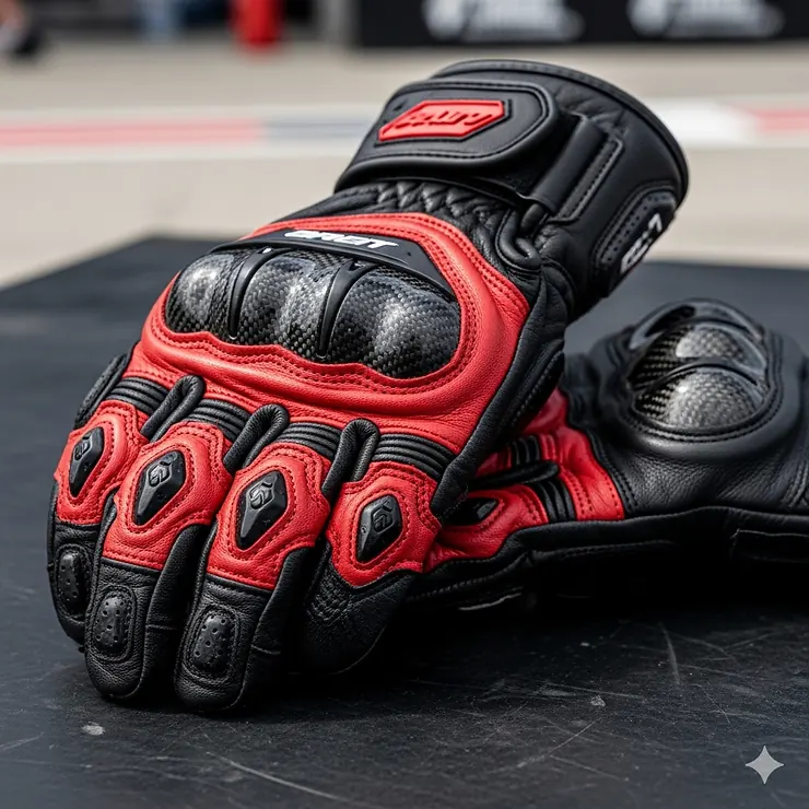 High-performance, armored motorcycle racing gloves for men with knuckle protection and palm sliders.
