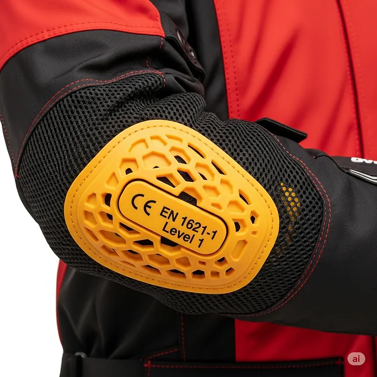 Detailed shot of the CE-certified armor padding in the elbow of the red and black motorcycle jacket.