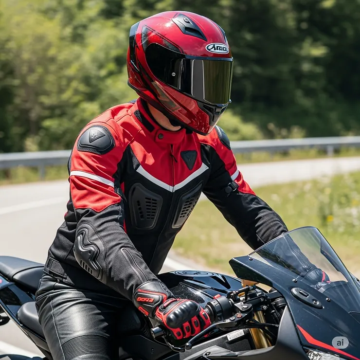 A rider wearing the red and black motorcycle jacket with a matching helmet, showcasing a full riding gear look.