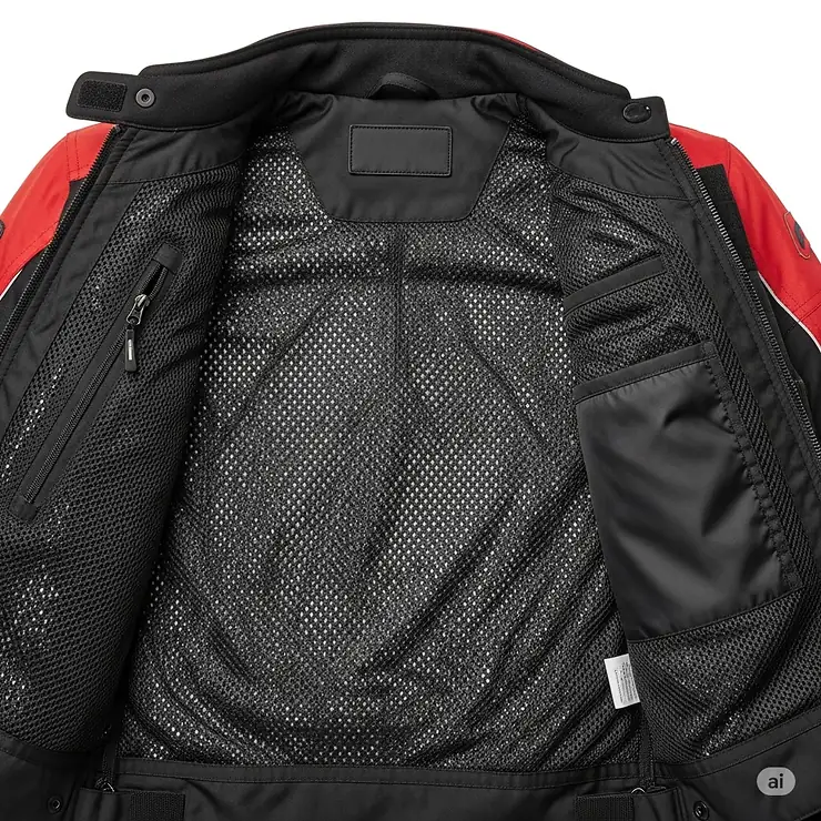 Inside view of the breathable mesh lining and interior pockets of the red and black motorcycle jacket.