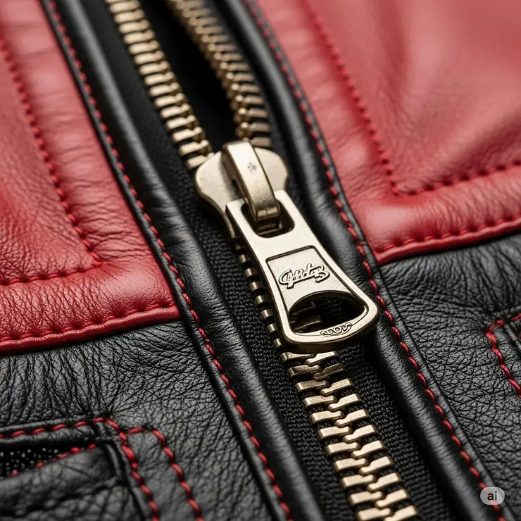 Close-up of the heavy-duty zipper on the red and black motorcycle jacket, emphasizing quality hardware.