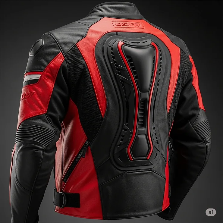 Back view of the motorcycle jacket, highlighting the ergonomic design and integrated back protection.
