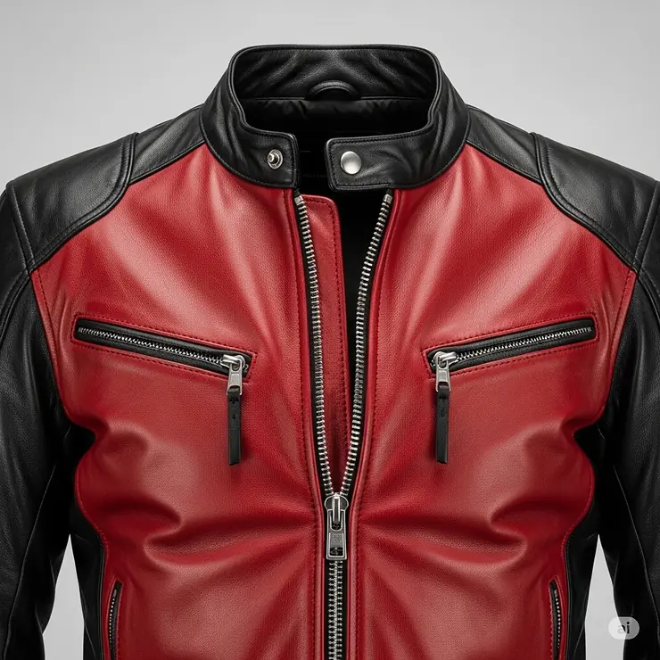 Front view of a stylish red and black motorcycle jacket showcasing the main zipper and collar.